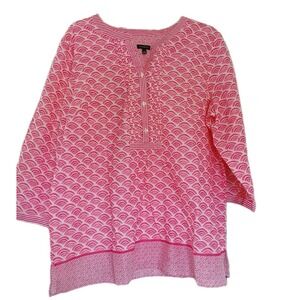 Talbots Blouse Tunic Top  Cotton 3/4 Sleeve Pink White Fan Print Sz XL